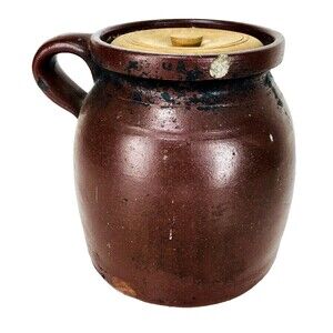 Antique Late 1800s Farmhouse Slip Glazed Stoneware Crock With Handle & Wood Lid